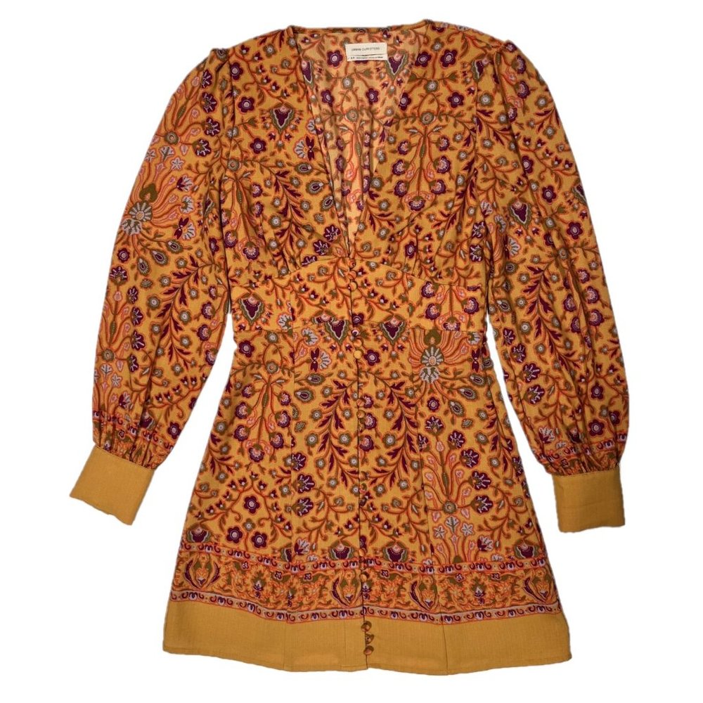UO Michelle Orange Floral Long-Sleeve Mini Dress Size Small